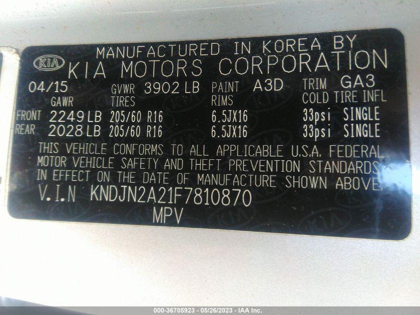 2015 KIA SOUL BASE - KNDJN2A21F7810870