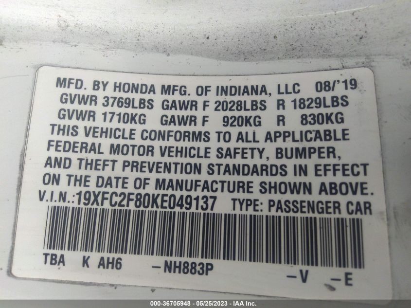 2019 HONDA CIVIC SEDAN SPORT - 19XFC2F80KE049137