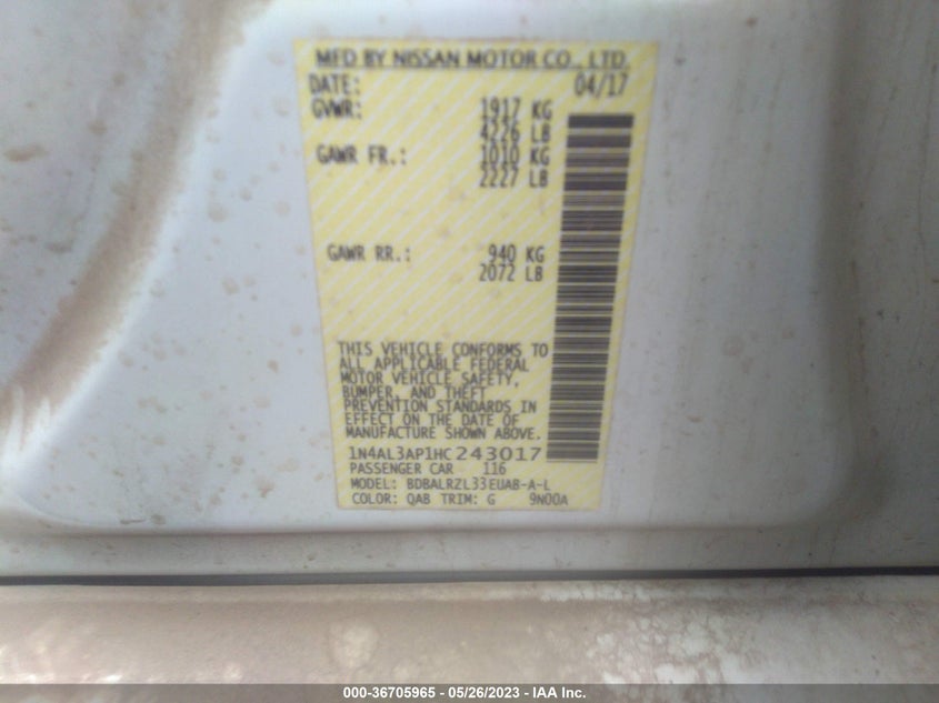 VIN 1N4AL3AP1HC243017 2017 NISSAN ALTIMA 2.5 SL