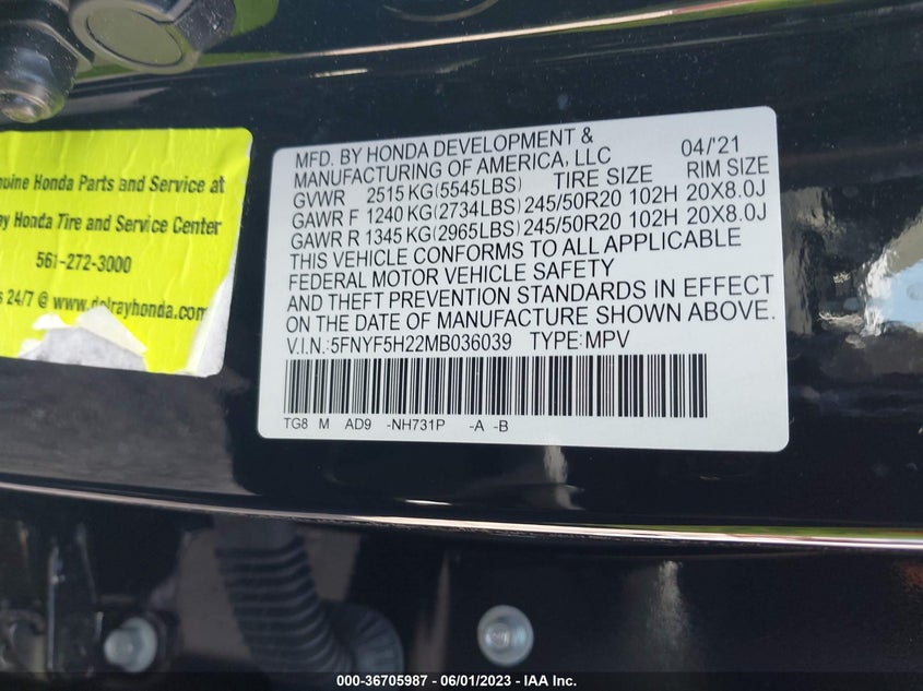 VIN 5FNYF5H22MB036039 2021 HONDA PILOT SPECIAL EDITION