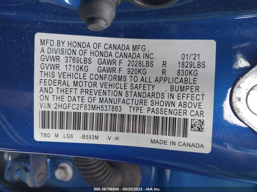 VIN 2HGFC2F83MH537863 2021 HONDA CIVIC SEDAN SPORT
