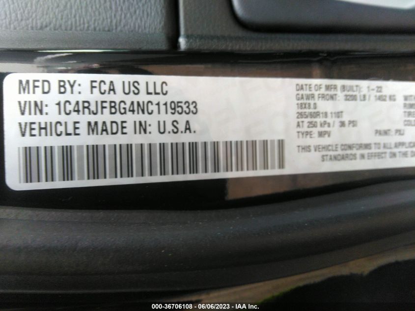 2022 JEEP GRAND CHEROKEE WK LIMITED 1C4RJFBG4NC119533
