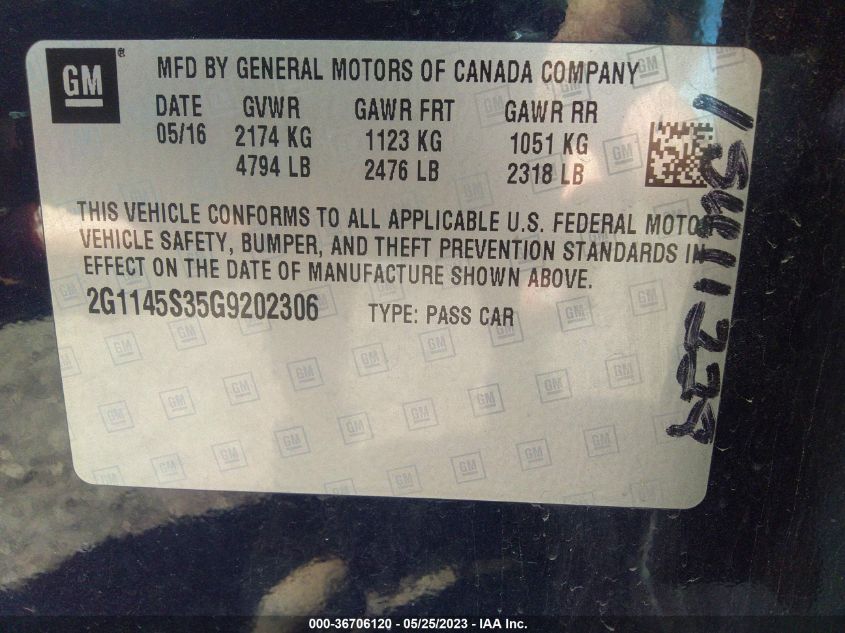 2016 CHEVROLET IMPALA LTZ - 2G1145S35G9202306