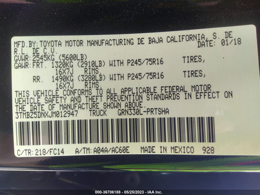 VIN 3TMBZ5DNXJM012947 2018 TOYOTA TACOMA SR5/TRD SPORT