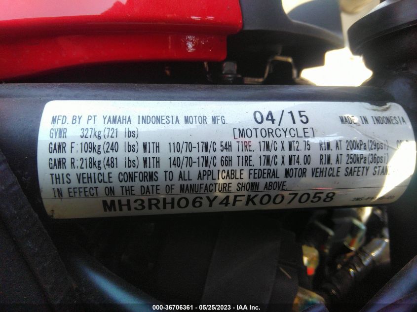 2015 YAMAHA YZFR3 MH3RH06Y4FK007058