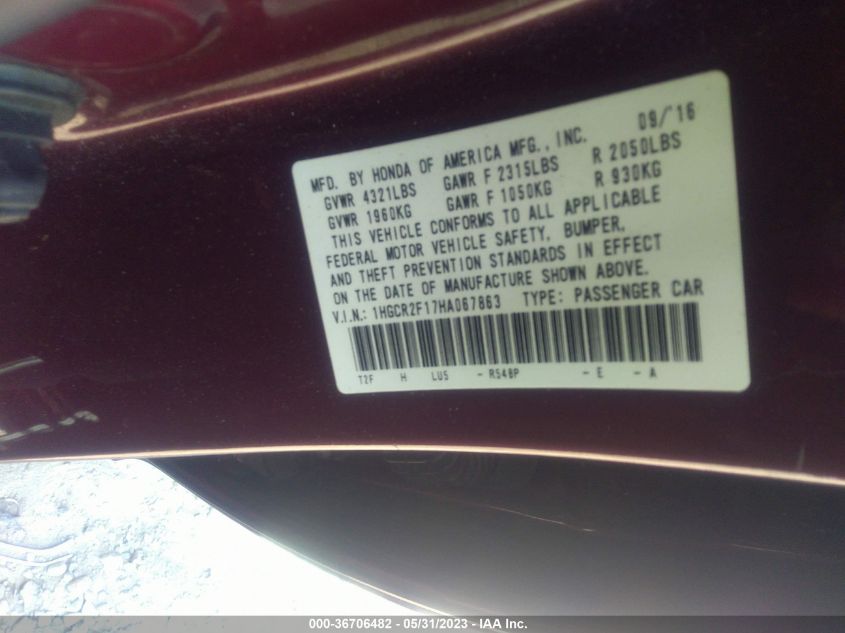 2017 HONDA ACCORD SEDAN SPORT SE - 1HGCR2F17HA067863