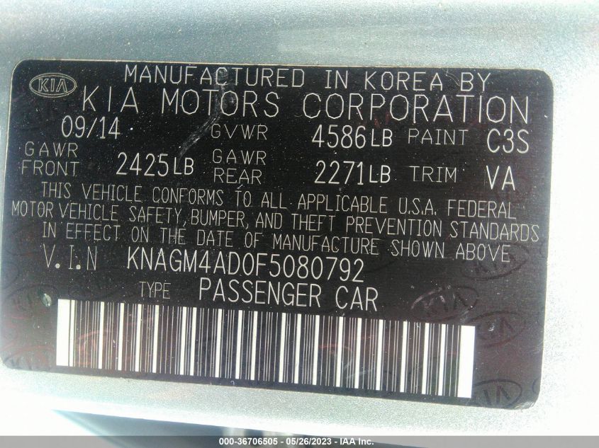 2015 KIA OPTIMA HYBRID - KNAGM4AD0F5080792