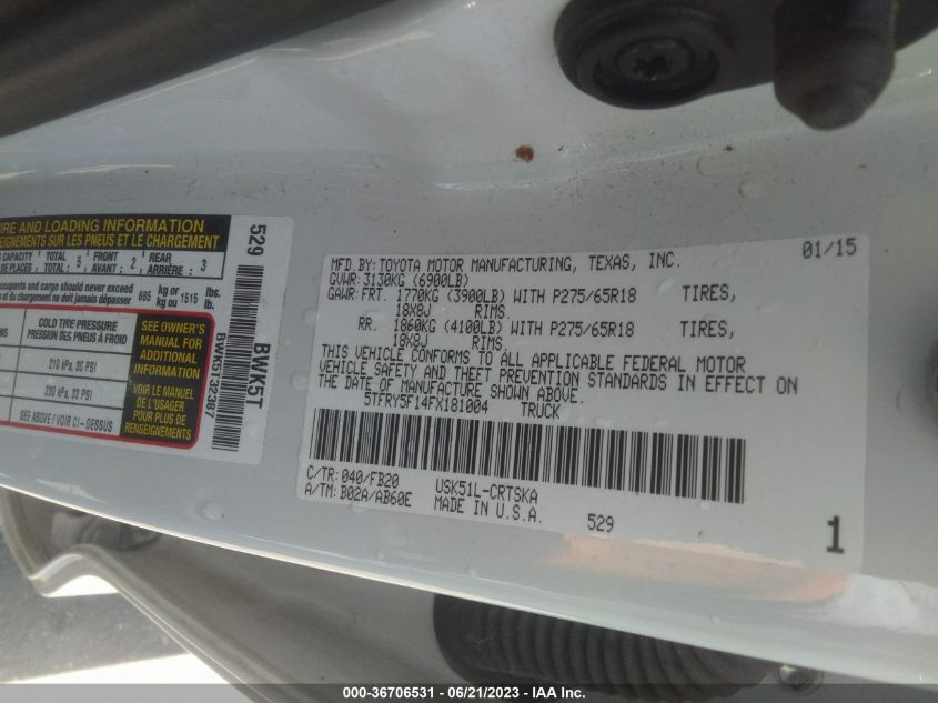 2015 TOYOTA TUNDRA 2WD TRUCK SR5/SR - 5TFRY5F14FX181004