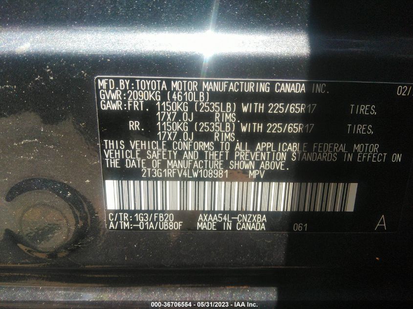 2020 TOYOTA RAV4 LE - 2T3G1RFV4LW108981