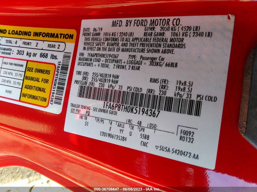 2019 FORD MUSTANG ECOBOOST - 1FA6P8TH0K5194367