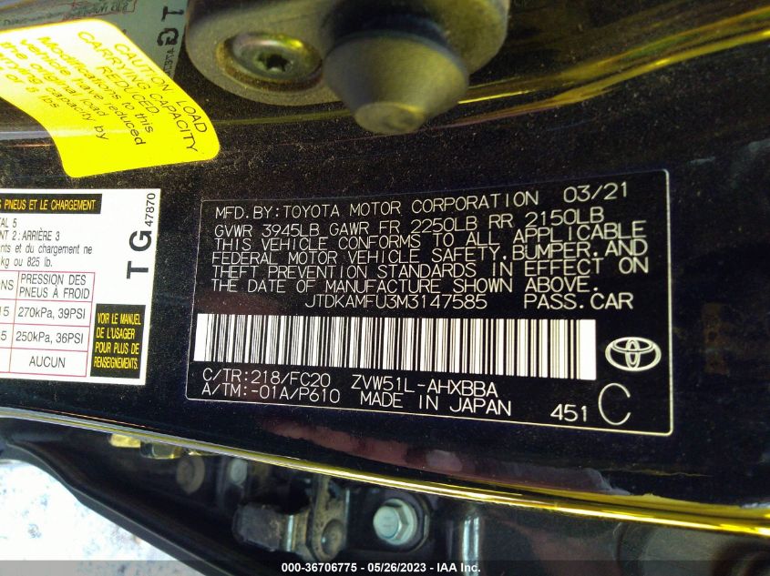 2021 TOYOTA PRIUS L - JTDKAMFU3M3147585