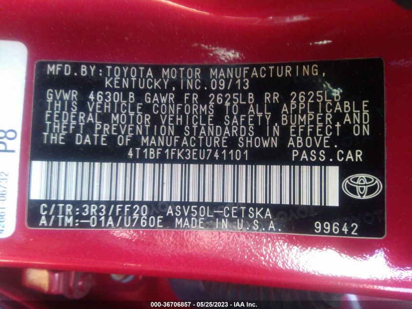 2014 TOYOTA CAMRY L/LE/XLE/SE/SE SPORT - 4T1BF1FK3EU741101