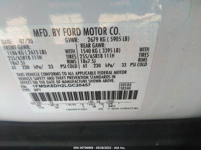 2020 FORD EXPLORER XLT - 1FMSK8DH2LGC20457