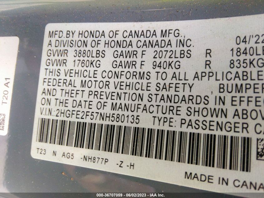 2HGFE2F57NH580135 Honda Civic Sedan SPORT 9