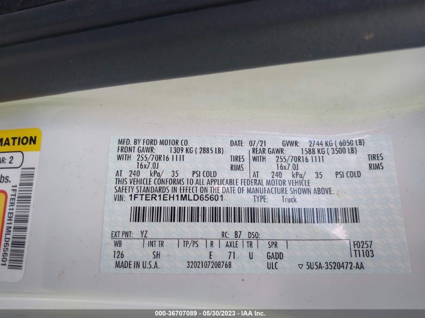 2021 FORD RANGER XL/XLT/LARIAT - 1FTER1EH1MLD65601