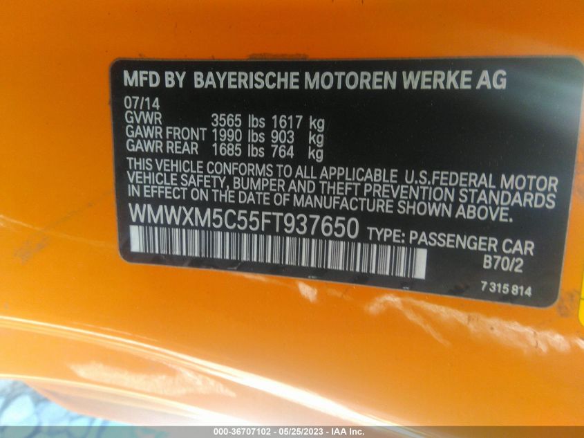 2015 MINI COOPER HARDTOP - WMWXM5C55FT937650