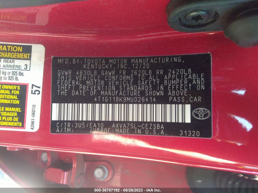 2021 TOYOTA CAMRY SE - 4T1G11BK9MU026414