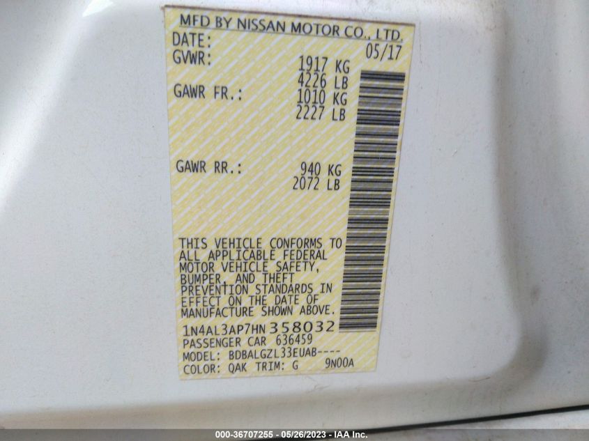 2017 NISSAN ALTIMA 2.5 S - 1N4AL3AP7HN358032