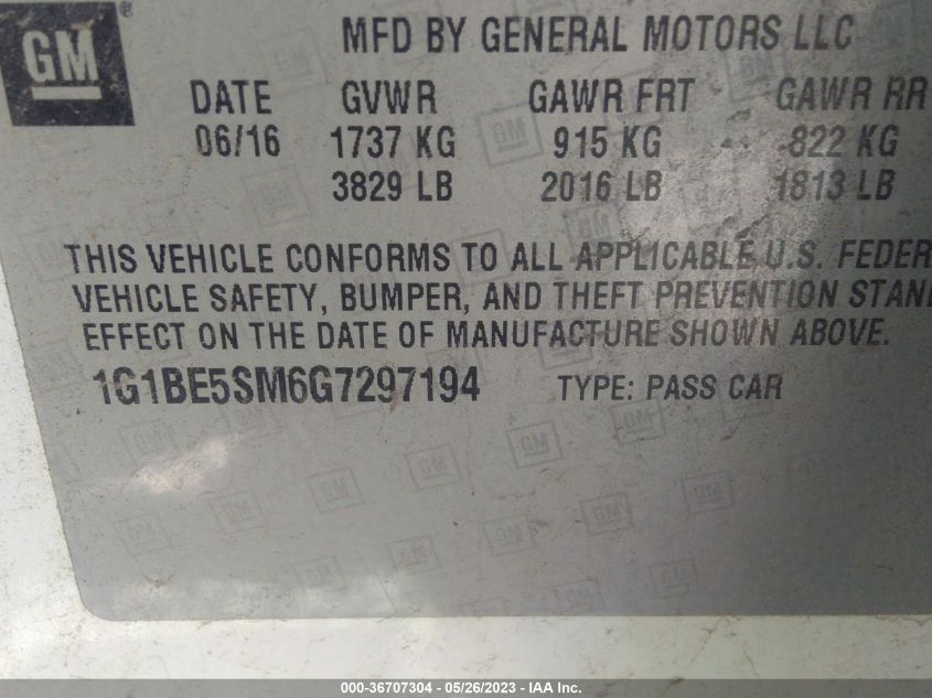 2016 CHEVROLET CRUZE LT - 1G1BE5SM6G7297194