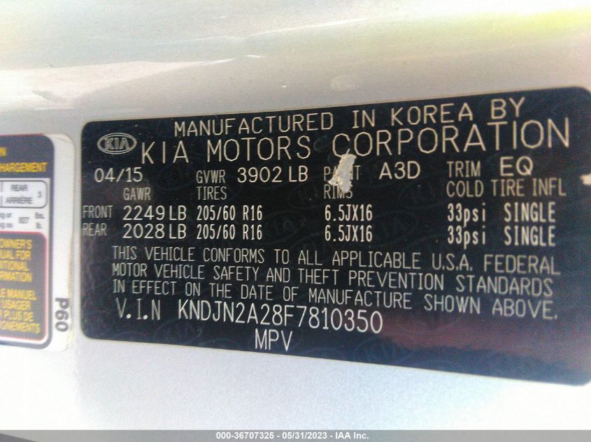 2015 KIA SOUL BASE - KNDJN2A28F7810350