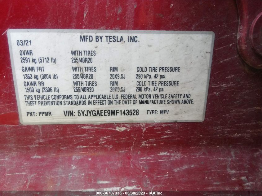 2021 TESLA MODEL Y LONG RANGE - 5YJYGAEE9MF143528