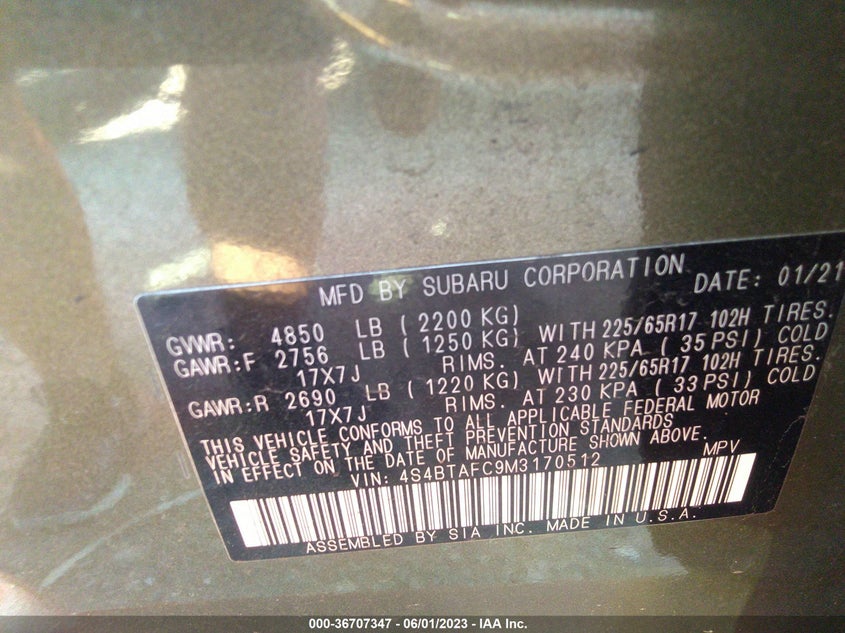 VIN 4S4BTAFC9M3170512 2021 SUBARU OUTBACK PREMIUM