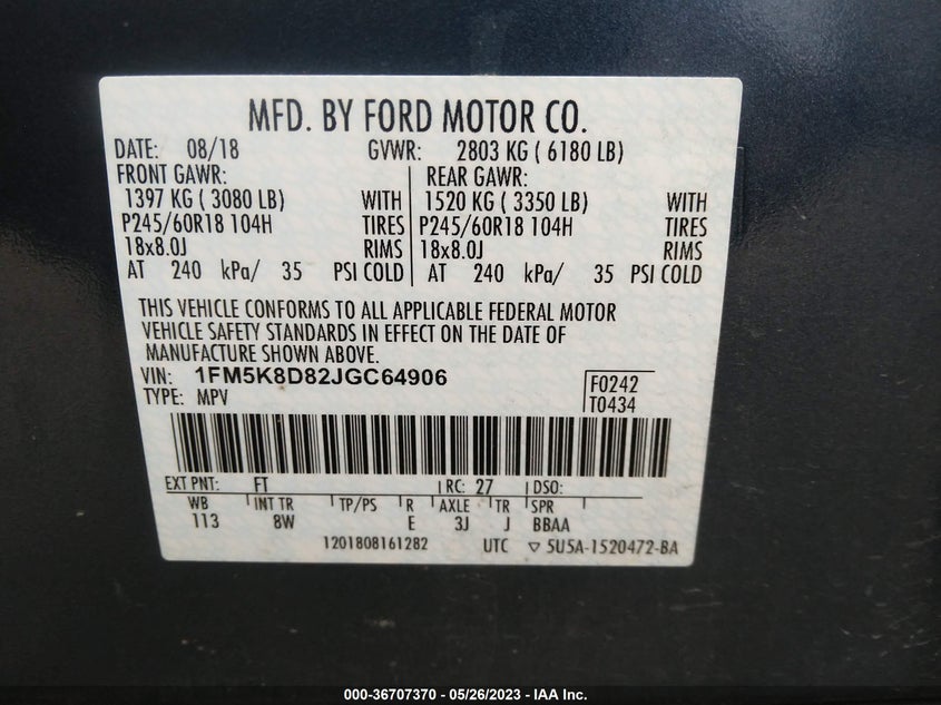 VIN 1FM5K8D82JGC64906 2018 FORD EXPLORER XLT
