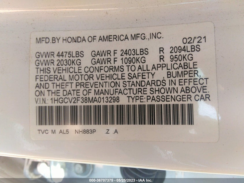 VIN 1HGCV2F38MA013298 2021 HONDA ACCORD SEDAN SPORT