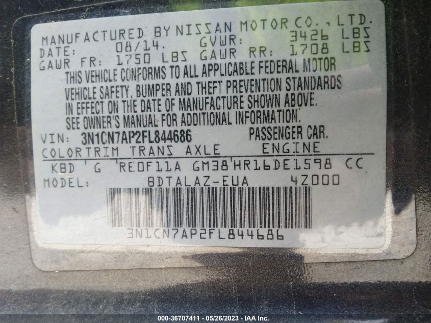 2015 NISSAN VERSA S PLUS - 3N1CN7AP2FL844686