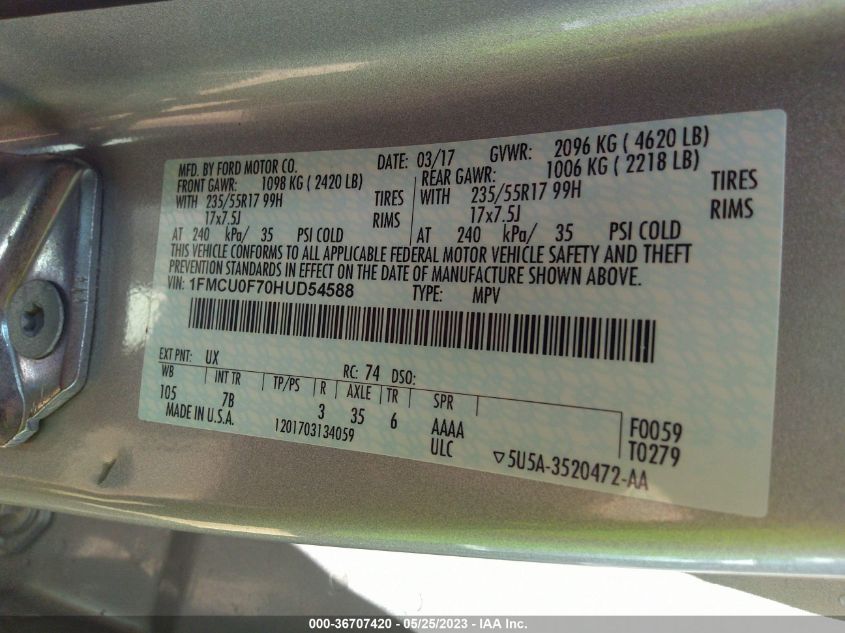 2017 FORD ESCAPE S 1FMCU0F70HUD54588