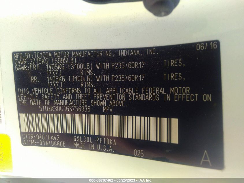 2016 TOYOTA SIENNA L - 5TDZK3DC1GS756936