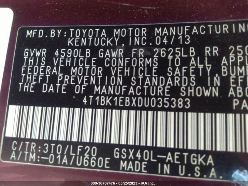 2013 TOYOTA AVALON XLE/LIMITED - 4T1BK1EBXDU035383