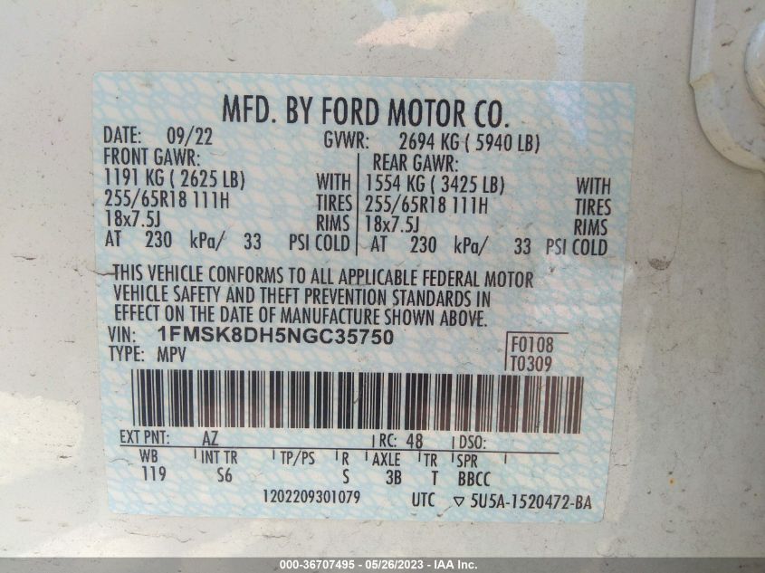 2022 FORD EXPLORER XLT - 1FMSK8DH5NGC35750