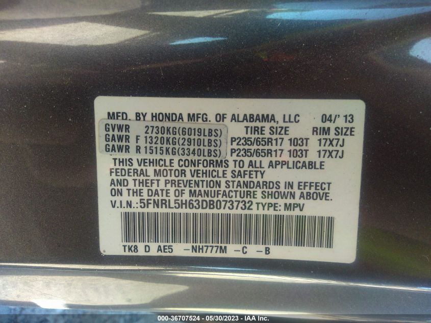 2013 HONDA ODYSSEY EX-L - 5FNRL5H63DB073732