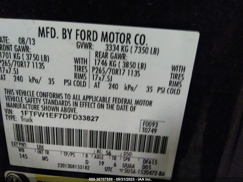 2013 FORD F-150 XL/XLT/FX4/LARIAT - 1FTFW1EF7DFD33827