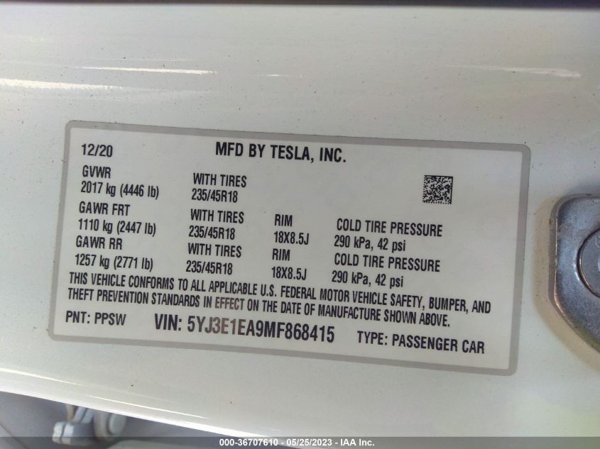 2021 TESLA MODEL 3 STANDARD RANGE PLUS - 5YJ3E1EA9MF868415