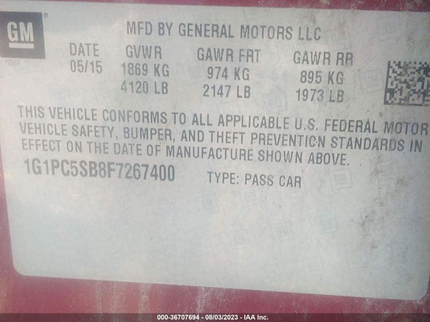 2015 CHEVROLET CRUZE LT - 1G1PC5SB8F7267400