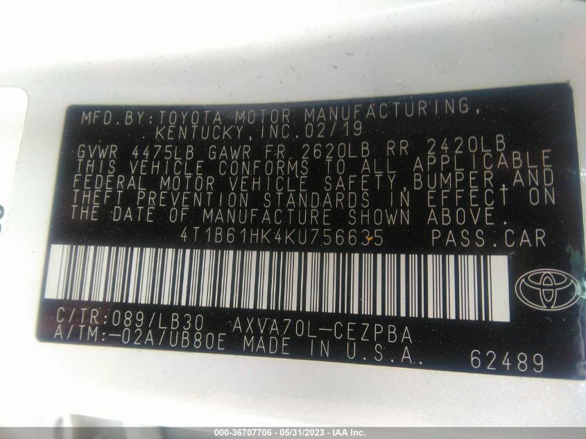 2019 TOYOTA CAMRY XSE - 4T1B61HK4KU756635