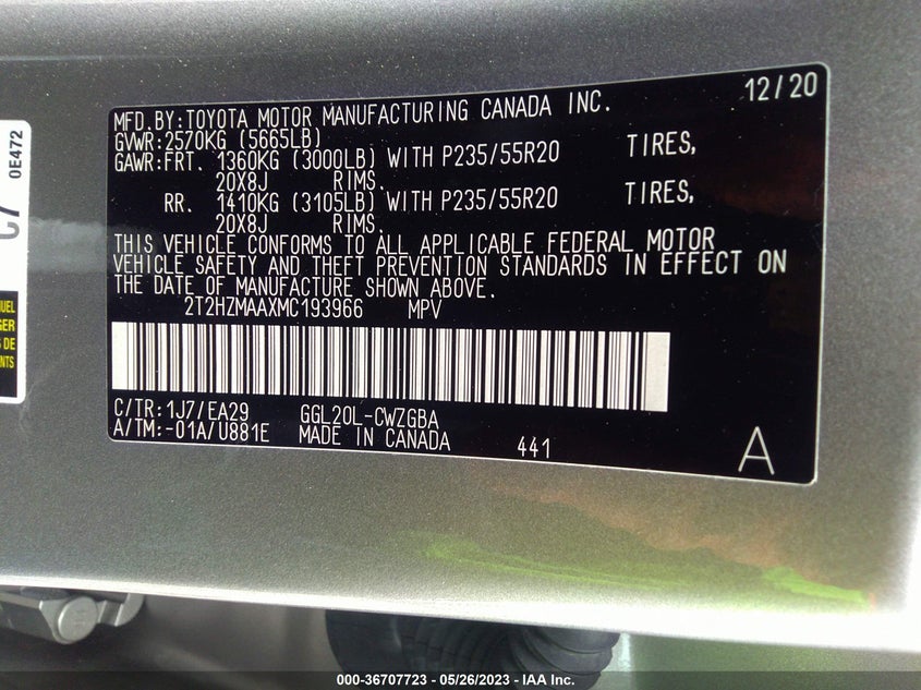 VIN 2T2HZMAAXMC193966 2021 LEXUS RX RX 350