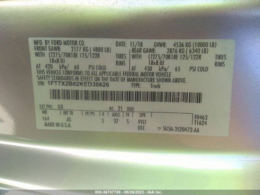 2019 FORD SUPER DUTY F-250 SRW XL/XLT/LARIAT - 1FT7X2B62KED38626
