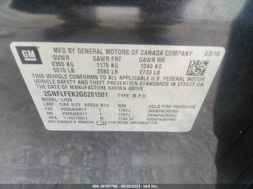 2016 CHEVROLET EQUINOX LT - 2GNFLFEK2G6281581