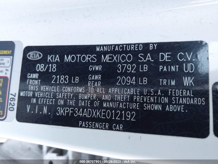 2019 KIA FORTE S - 3KPF34ADXKE012192