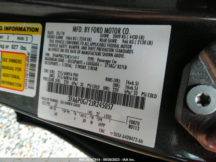 2018 FORD FUSION S - 3FA6P0G72JR245057