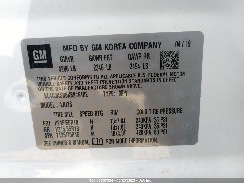 2019 BUICK ENCORE PREFERRED - KL4CJASB6KB916102