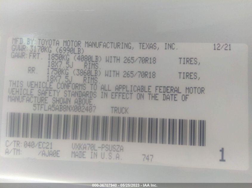 2022 TOYOTA TUNDRA 2WD SR5 - 5TFLA5AB8NX002407