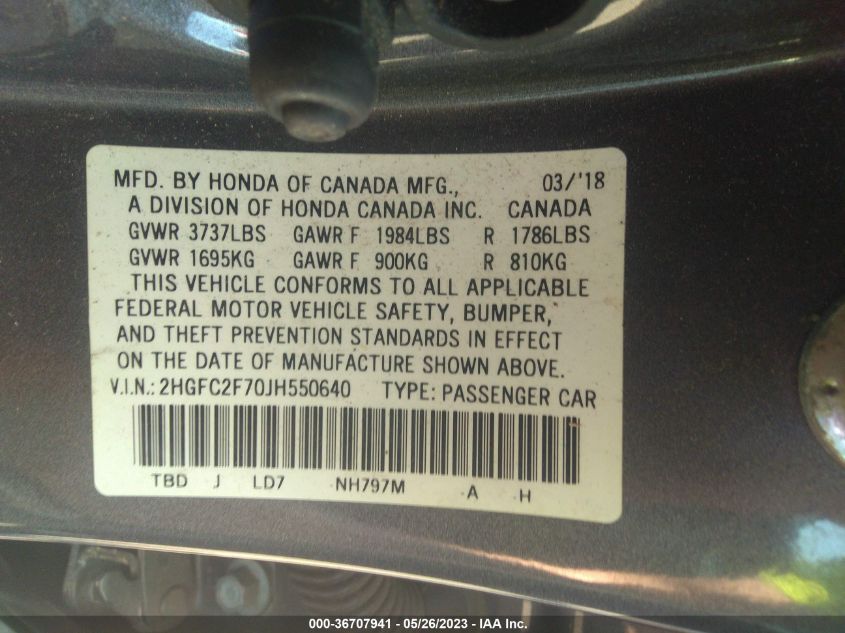 2018 HONDA CIVIC SEDAN EX - 2HGFC2F70JH550640