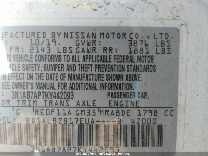 2019 NISSAN SENTRA S - 3N1AB7AP7KY442093