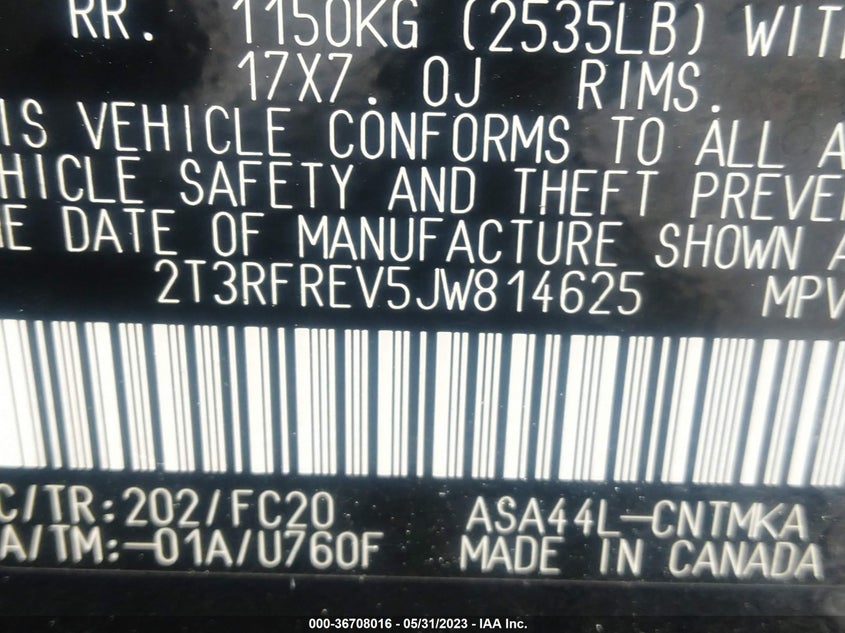VIN 2T3RFREV5JW814625 2018 TOYOTA RAV4 XLE/ADVENTURE