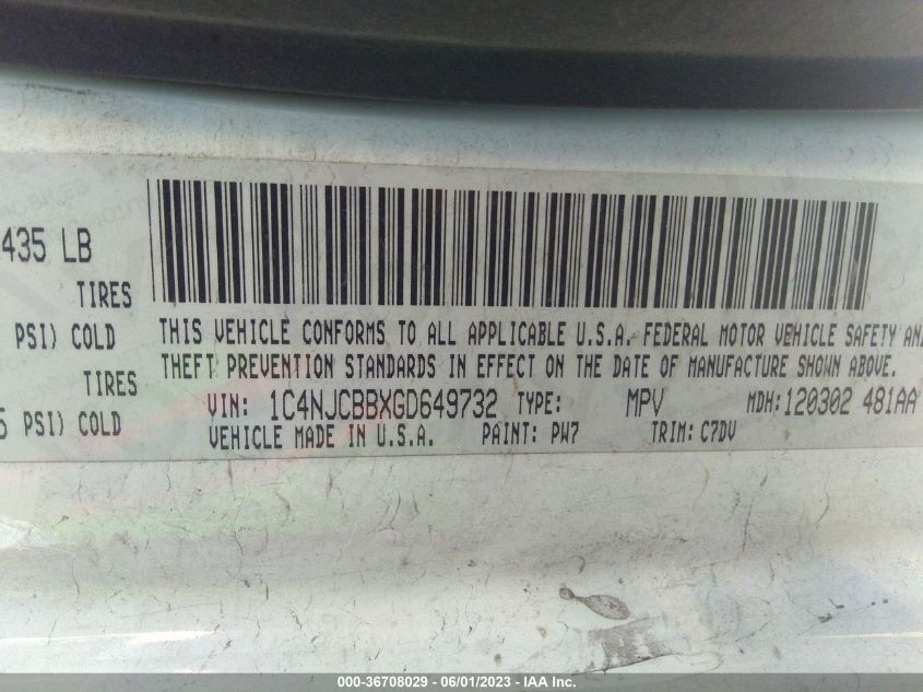 2016 JEEP COMPASS SPORT - 1C4NJCBBXGD649732