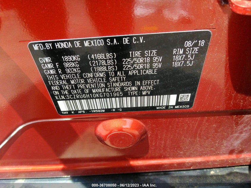 VIN 3CZRU6H10KG701965 2019 HONDA HR-V SPORT